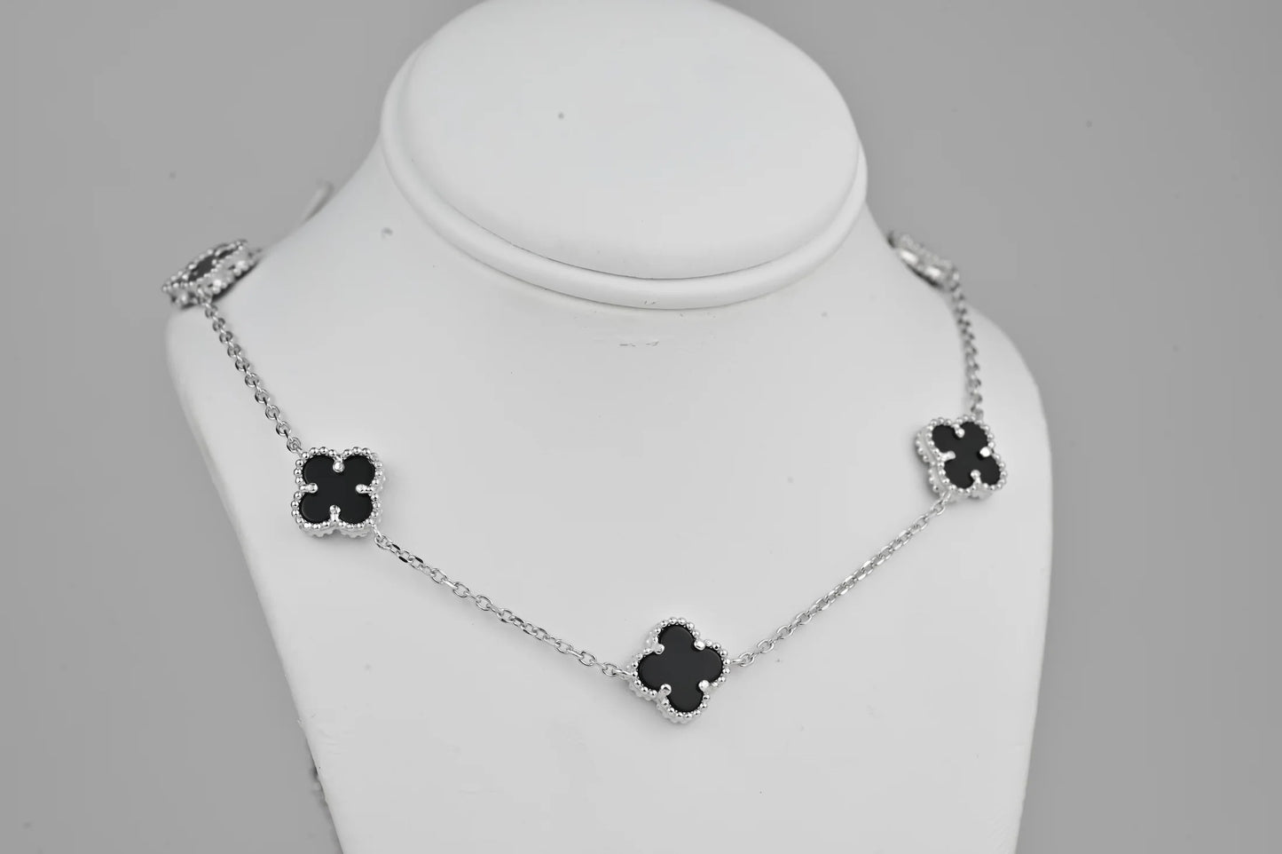 Long Silver Necklace Onyx Clovers