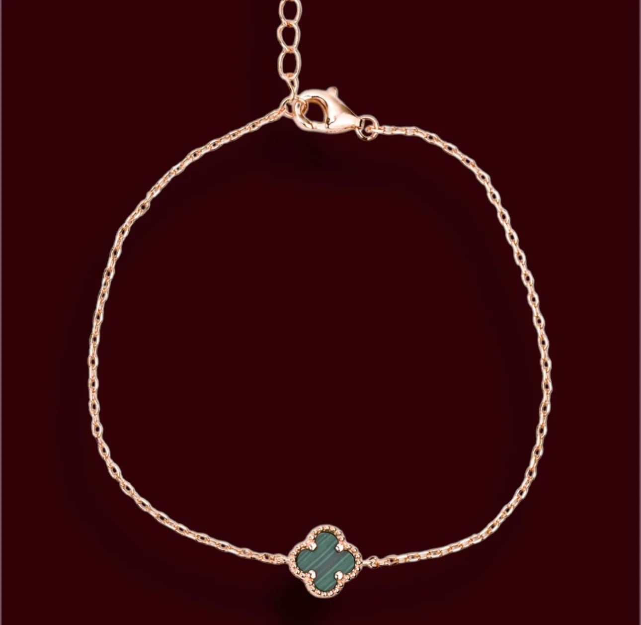Silver Bracelet clover Malachite Rose Gold Plated