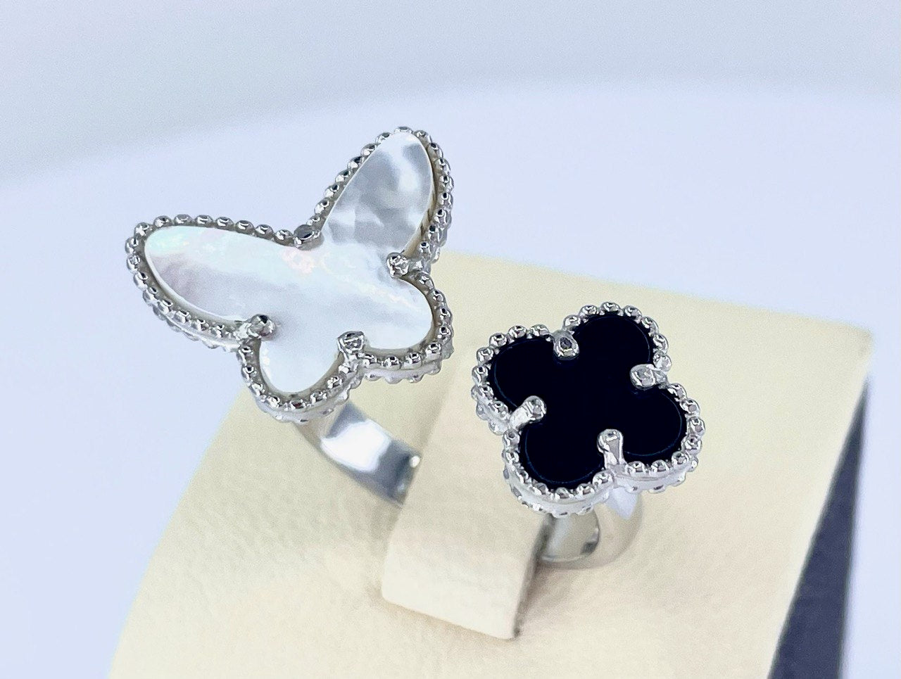 White Pearl Butterfly and Black Onyx Clover Ring Size 8