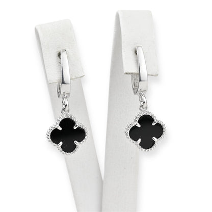 Silver Dangle Earrings with Onyx clover