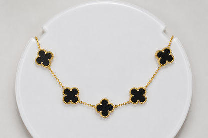 Silver Bracelet Onyx Clovers Yellow Gold Plated