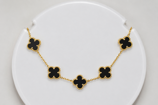 Silver Bracelet Onyx Clovers Yellow Gold Plated