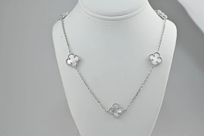 Long Silver Necklace Mother of Pearl Clovers