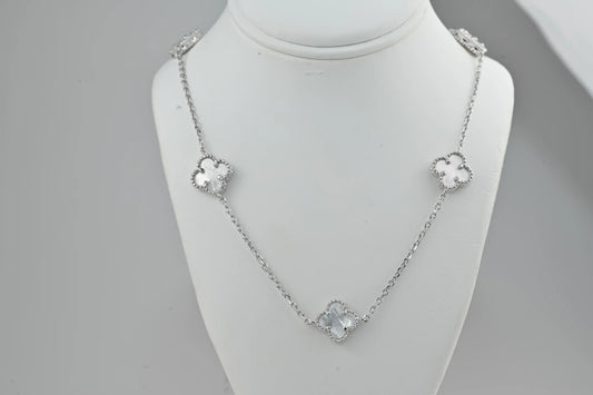 Long Silver Necklace Mother of Pearl Clovers