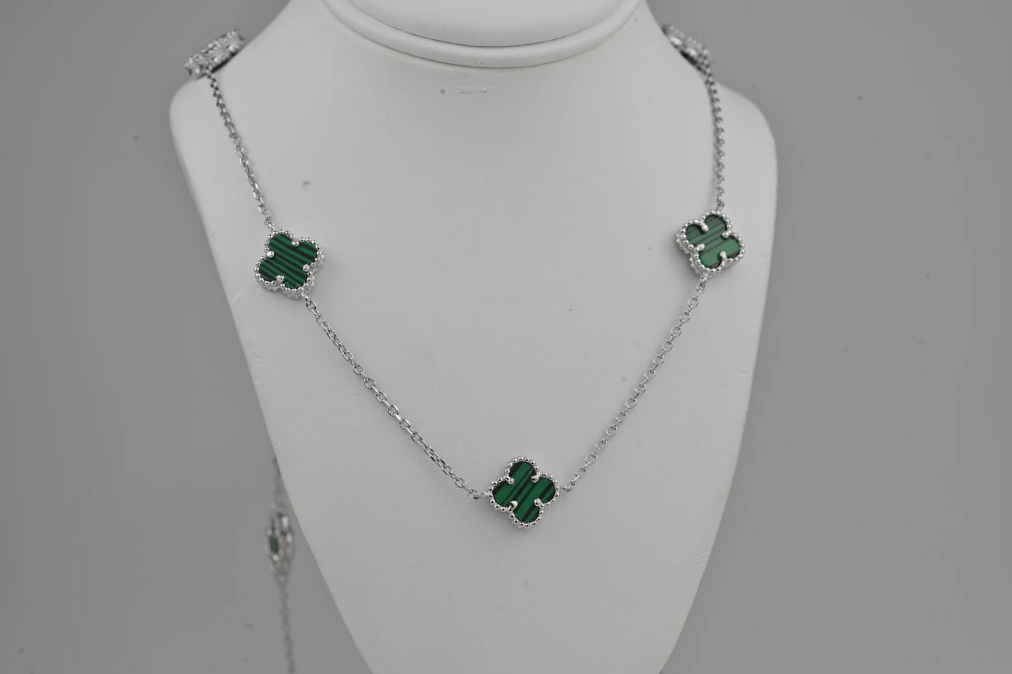 Long Silver Necklace Malachite Clovers