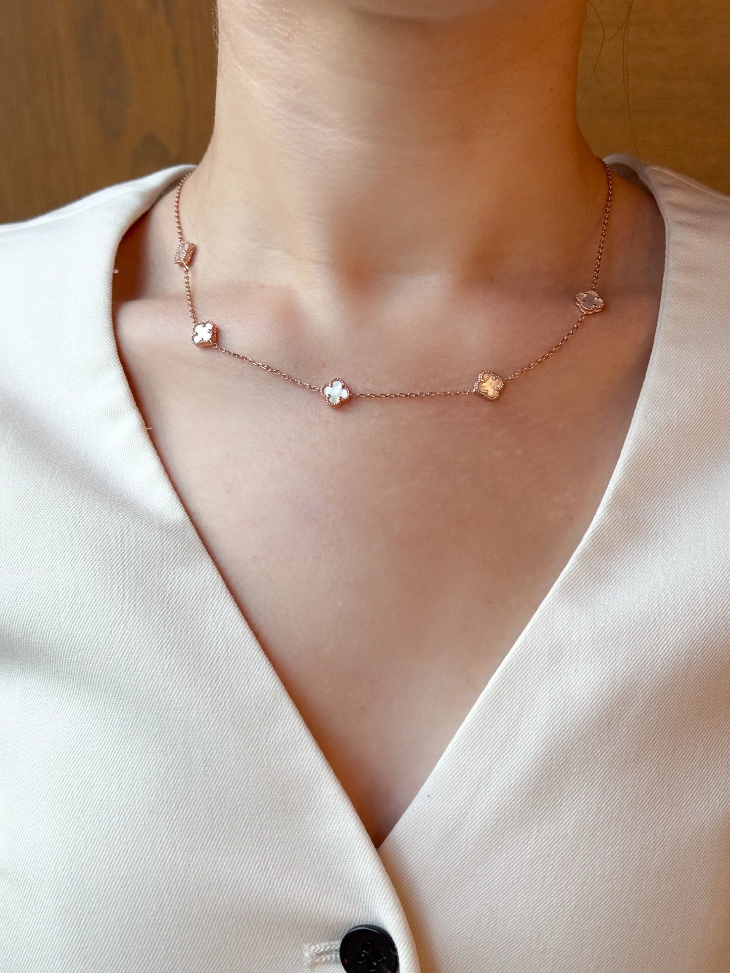 Silver Necklace Clovers Mother of Pearl Gold Plated