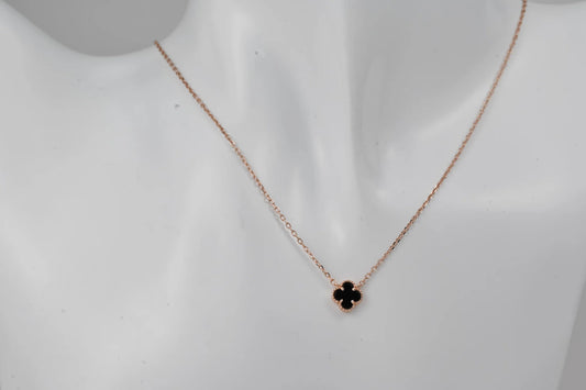 Silver Necklace Clover Onyx Rose Gold Plated