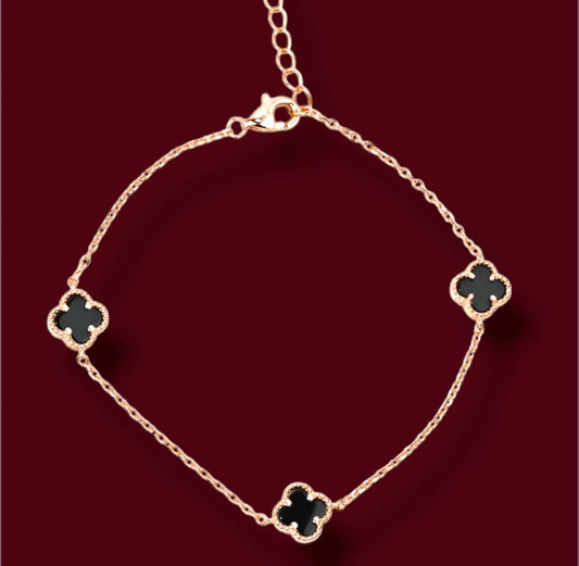Onyx Silver Bracelet three clover Rose Gold Plated