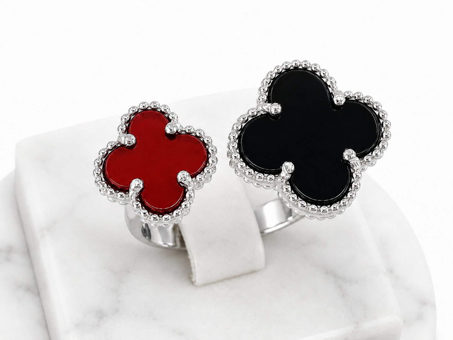 Silver Ring Double Clover with Onyx