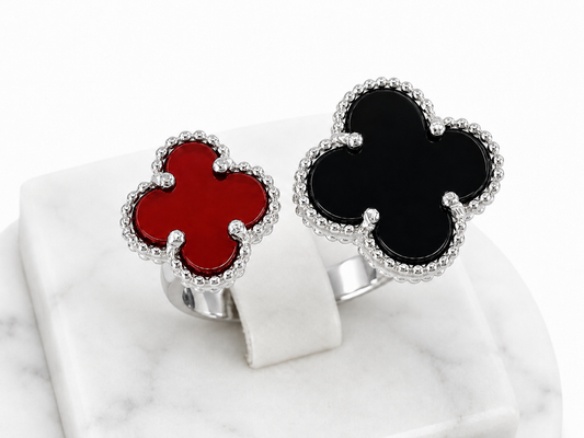 Silver Ring Double Clover with Onyx