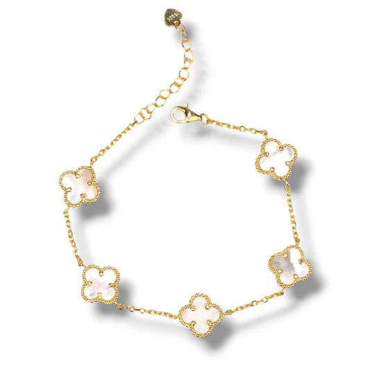 Silver Bracelet Mother of Pearl Clovers Yellow Gold Plated