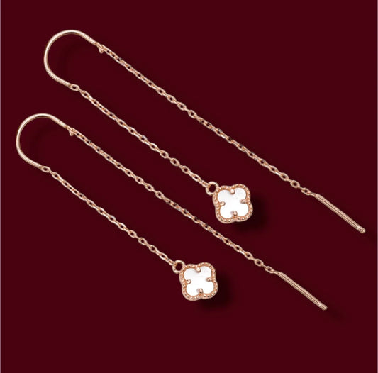 Silver Thread Earings Mother of Pearl Clover Rose Gold Plated
