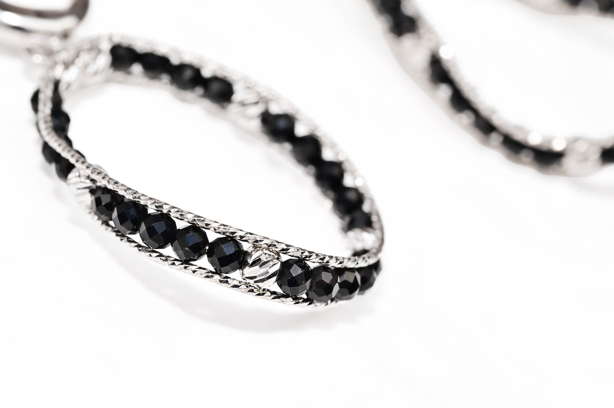 Silver Dangle Earrings Black Stones