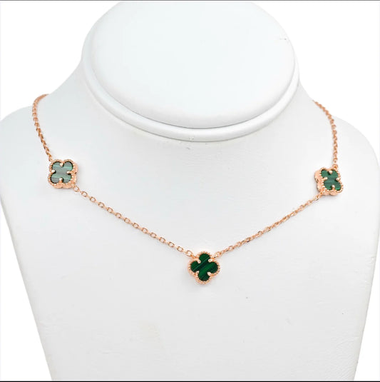 Silver Necklace Malachite Clover Rose Gold Plated