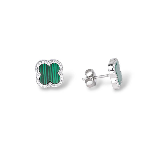 Stud Silver 925 Gold Plated Malachite Clover