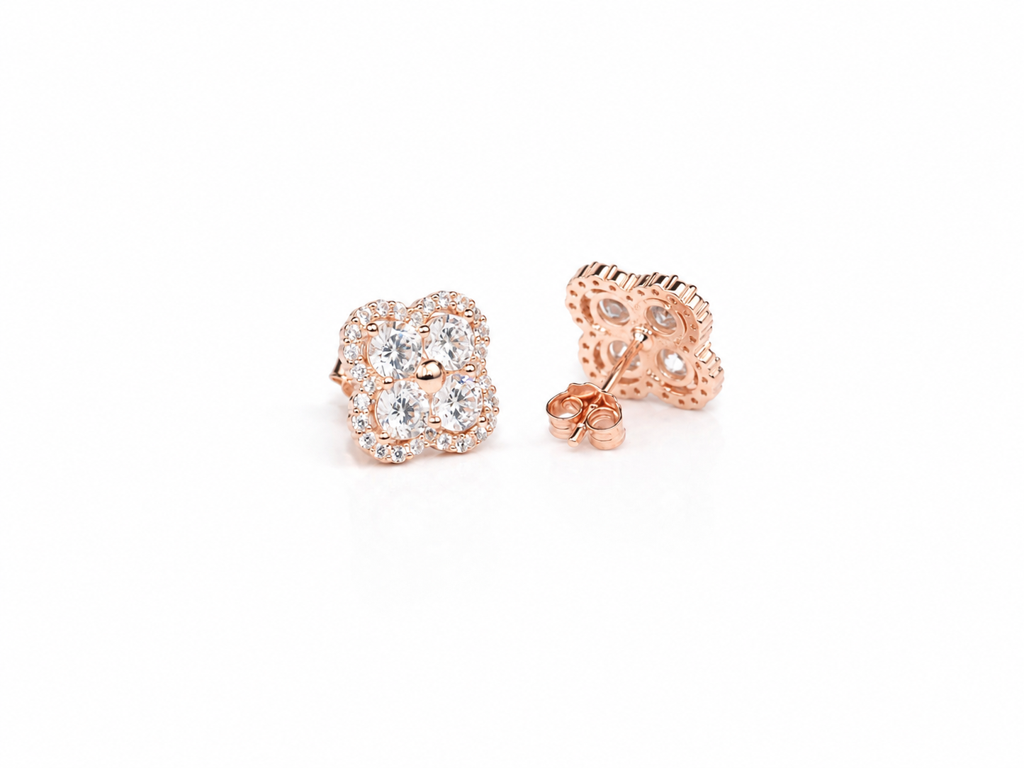 Stud Silver Earrings Clover Rose Gold Plated
