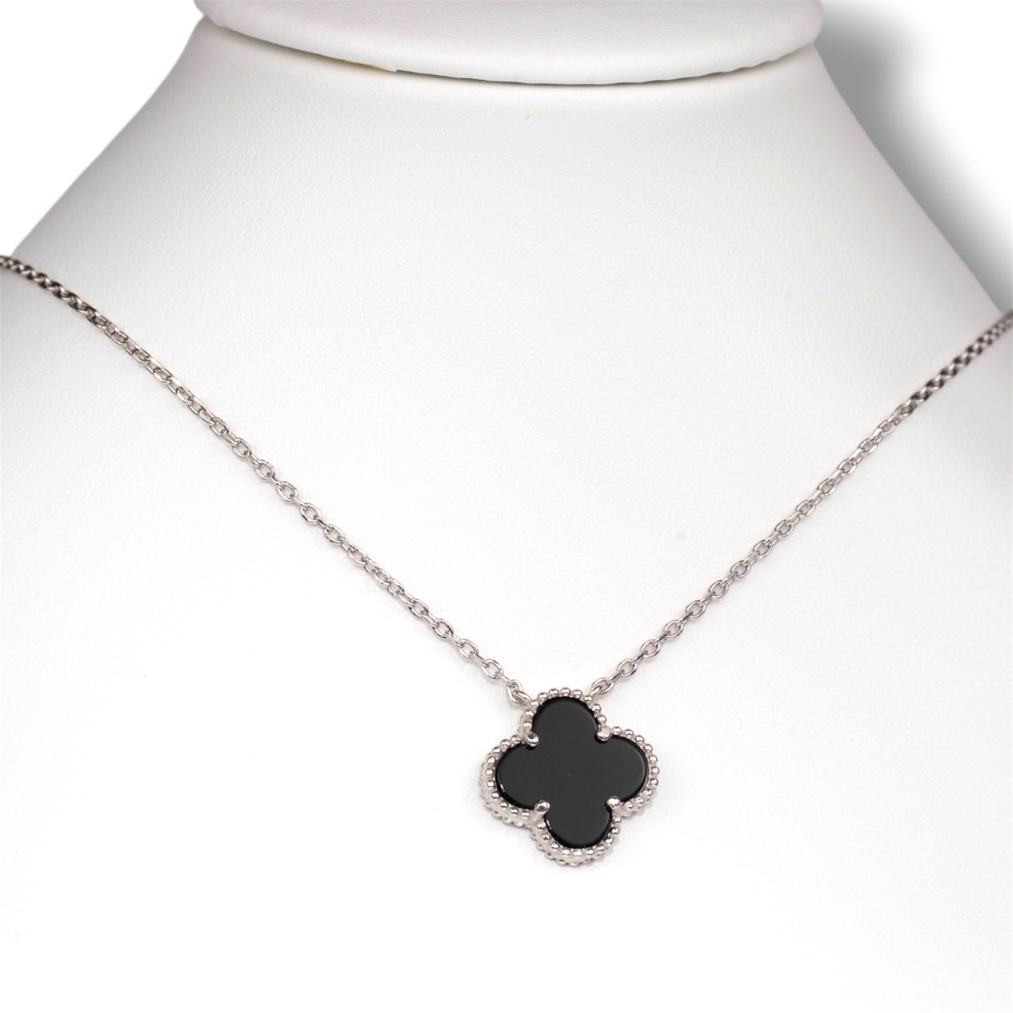 Silver Necklace Onyx Clover