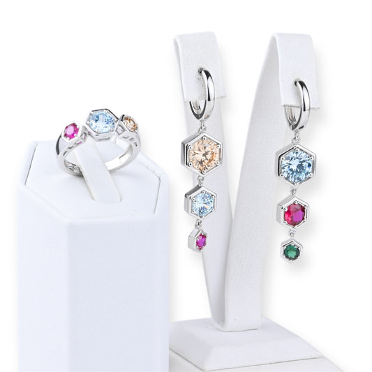 Set Colorful Hexagon Dangle Earrings and Ring