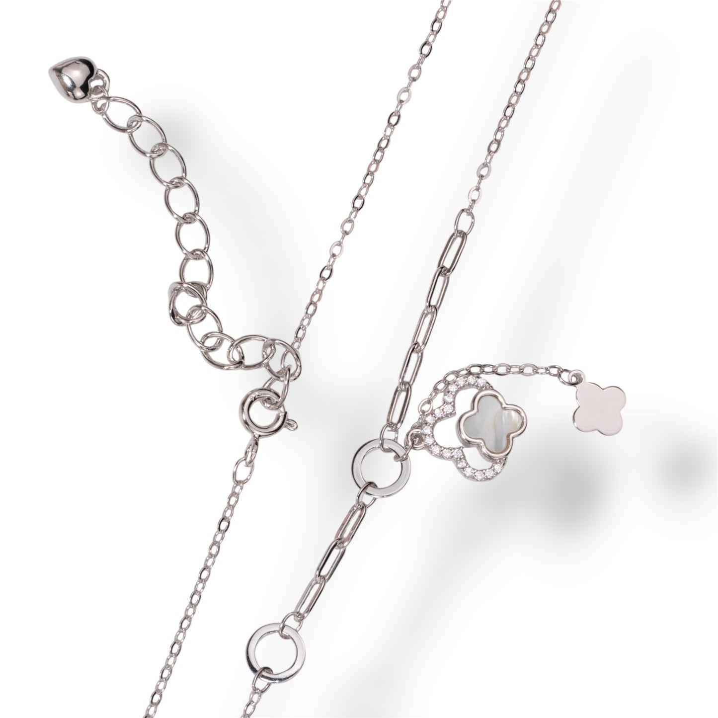 Silver Necklace Mother of Pearl clover with Zirconia stones