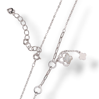 Silver Necklace Mother of Pearl clover with Zirconia stones