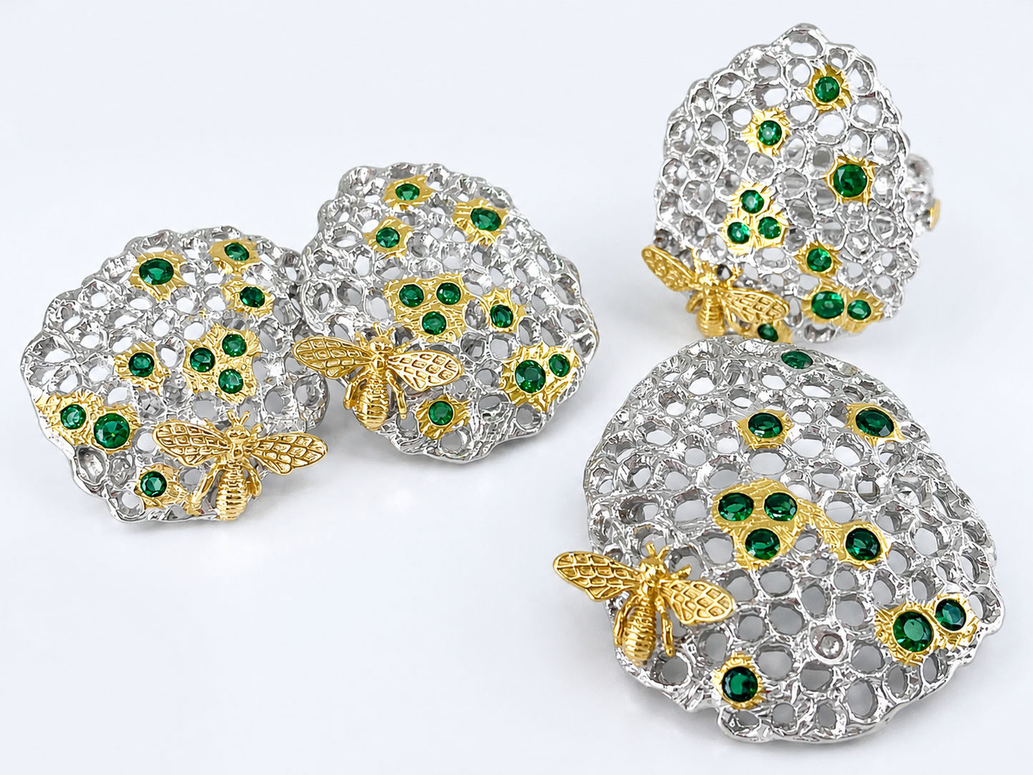 Little Golden Bee Honeycomb Jewelry Set (Ring, Earrings, Pendant)