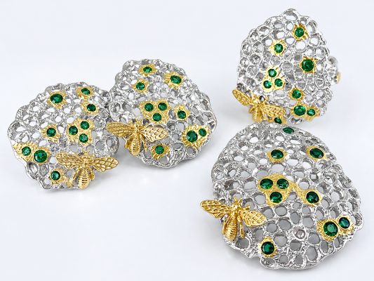 Little Golden Bee Honeycomb Jewelry Set (Ring, Earrings, Pendant)