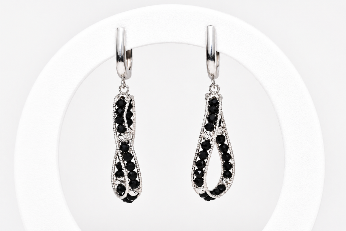 Silver Dangle Earrings Black Stones