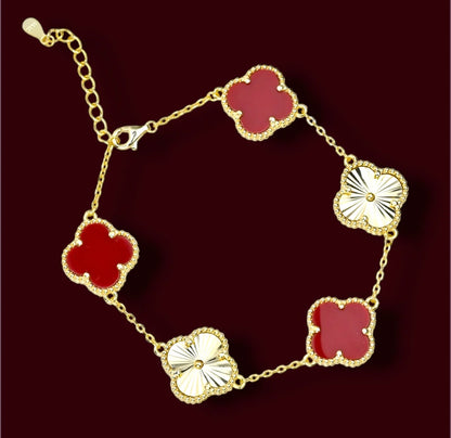 Silver Bracelet Red Clover Yellow Gold Plated