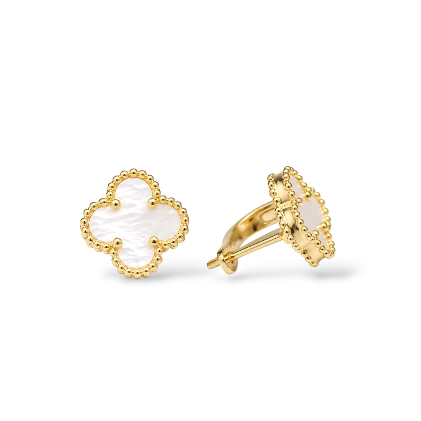 Silver Earrings Clover Mother of Pearl Yellow Gold Plated