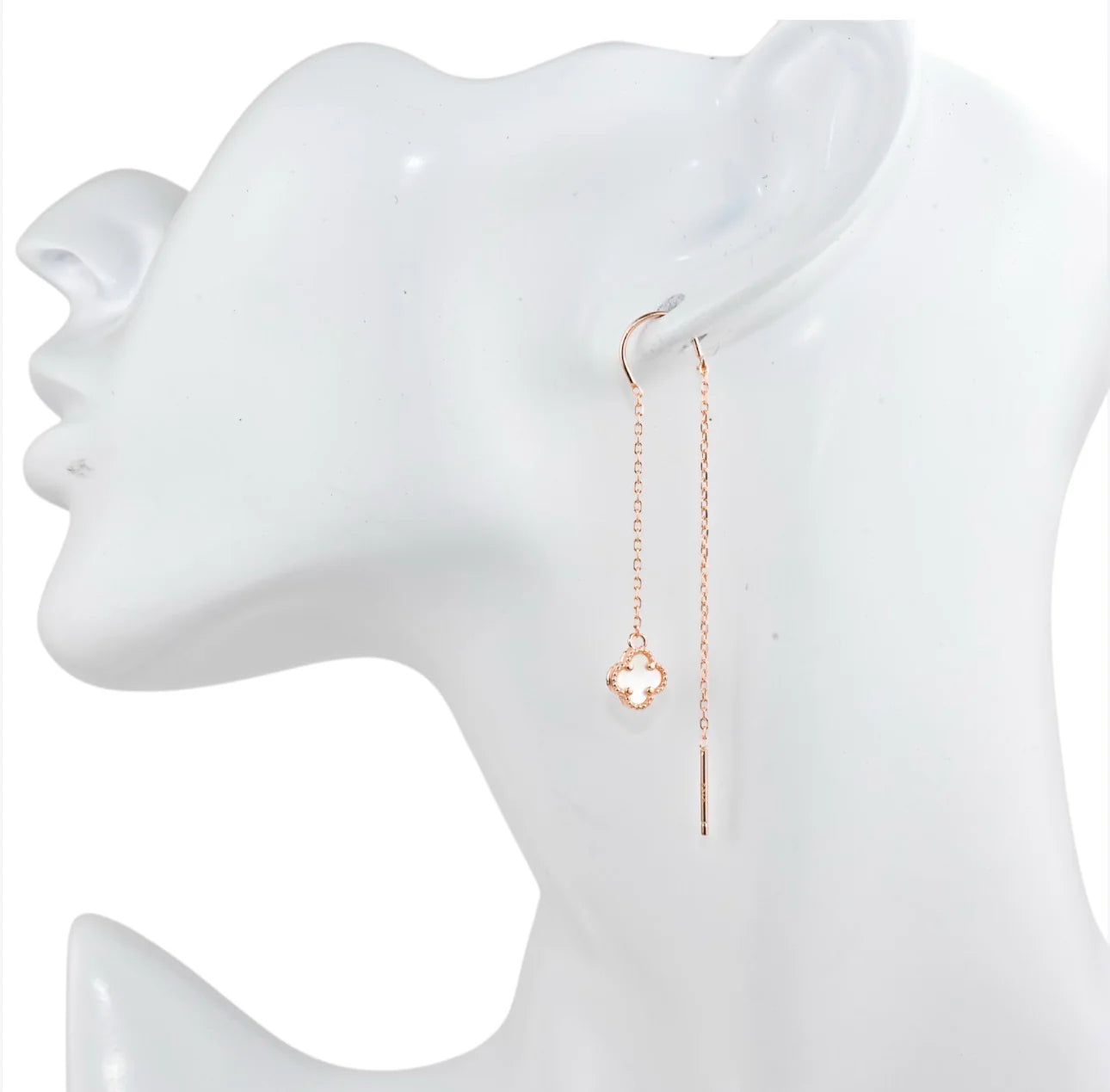 Silver Thread Earings Mother of Pearl Clover Rose Gold Plated