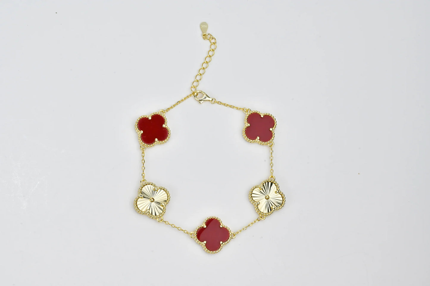 Silver Bracelet Red Clover Yellow Gold Plated