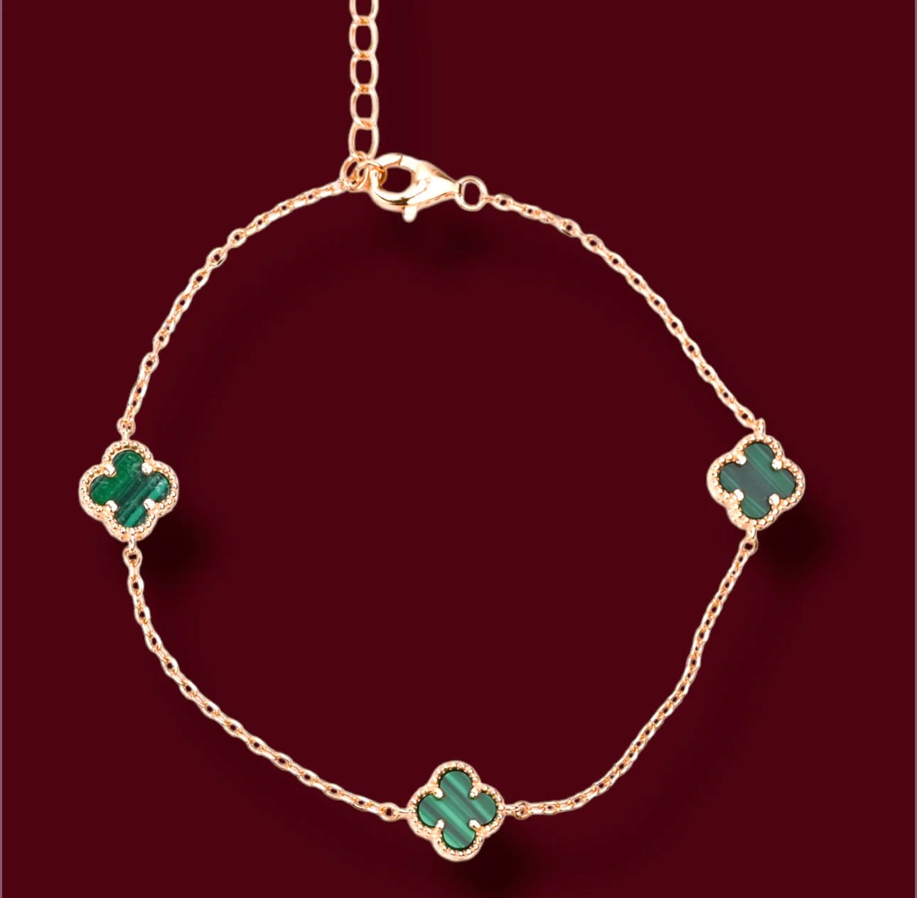 Malachite Silver Bracelet three clover Rose Gold Plated