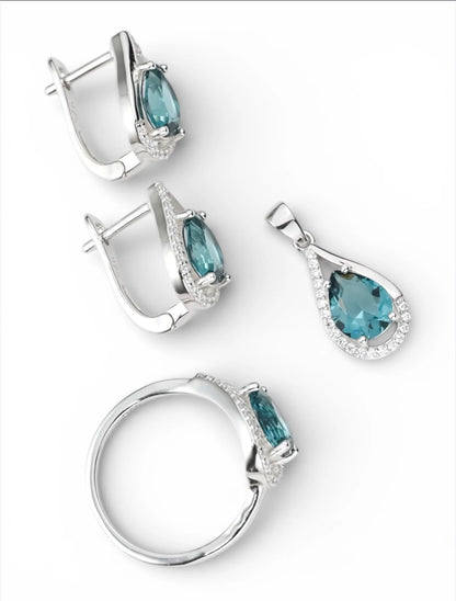 Silver Set Earrings, Pendant and Ring London Topaz