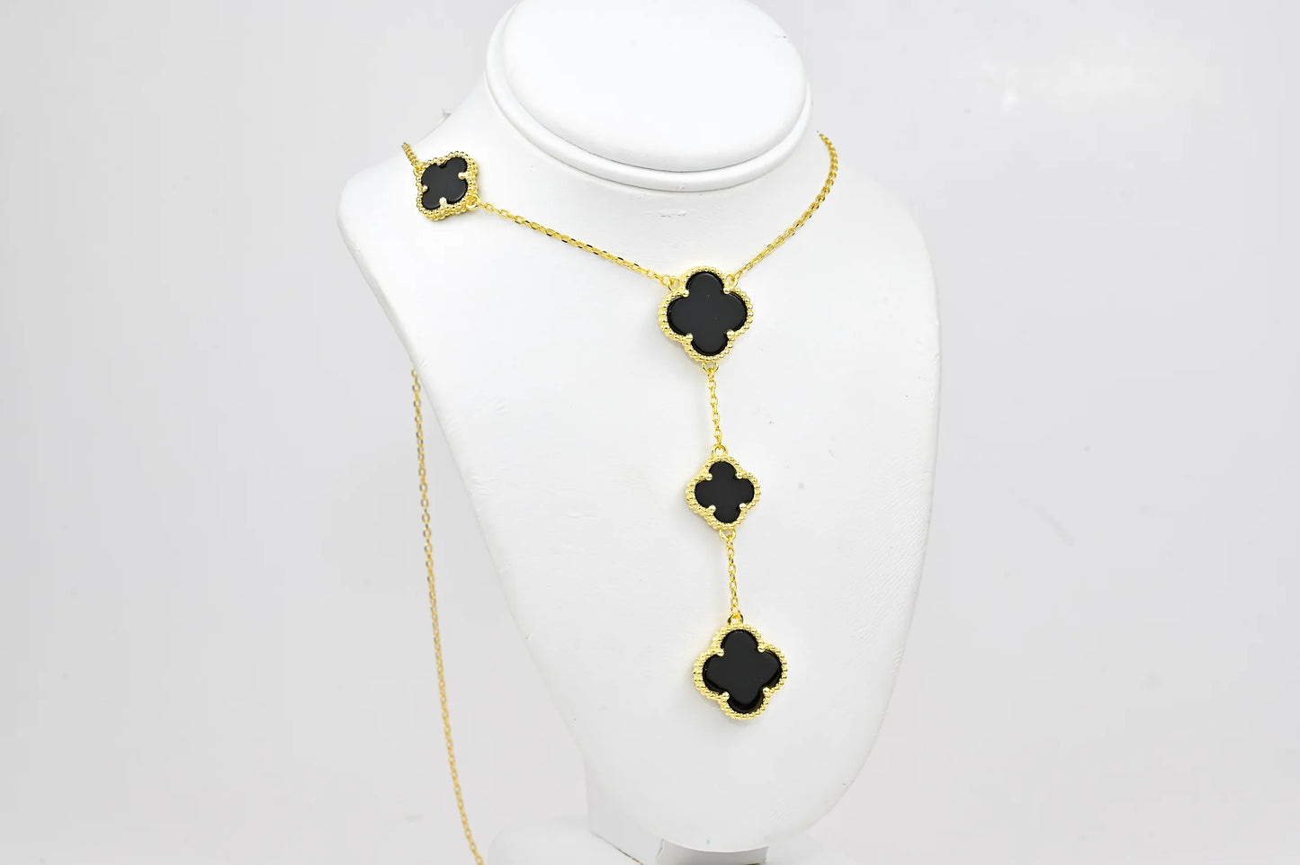 Silver Necklace Onyx Clover Yellow Gold Plated