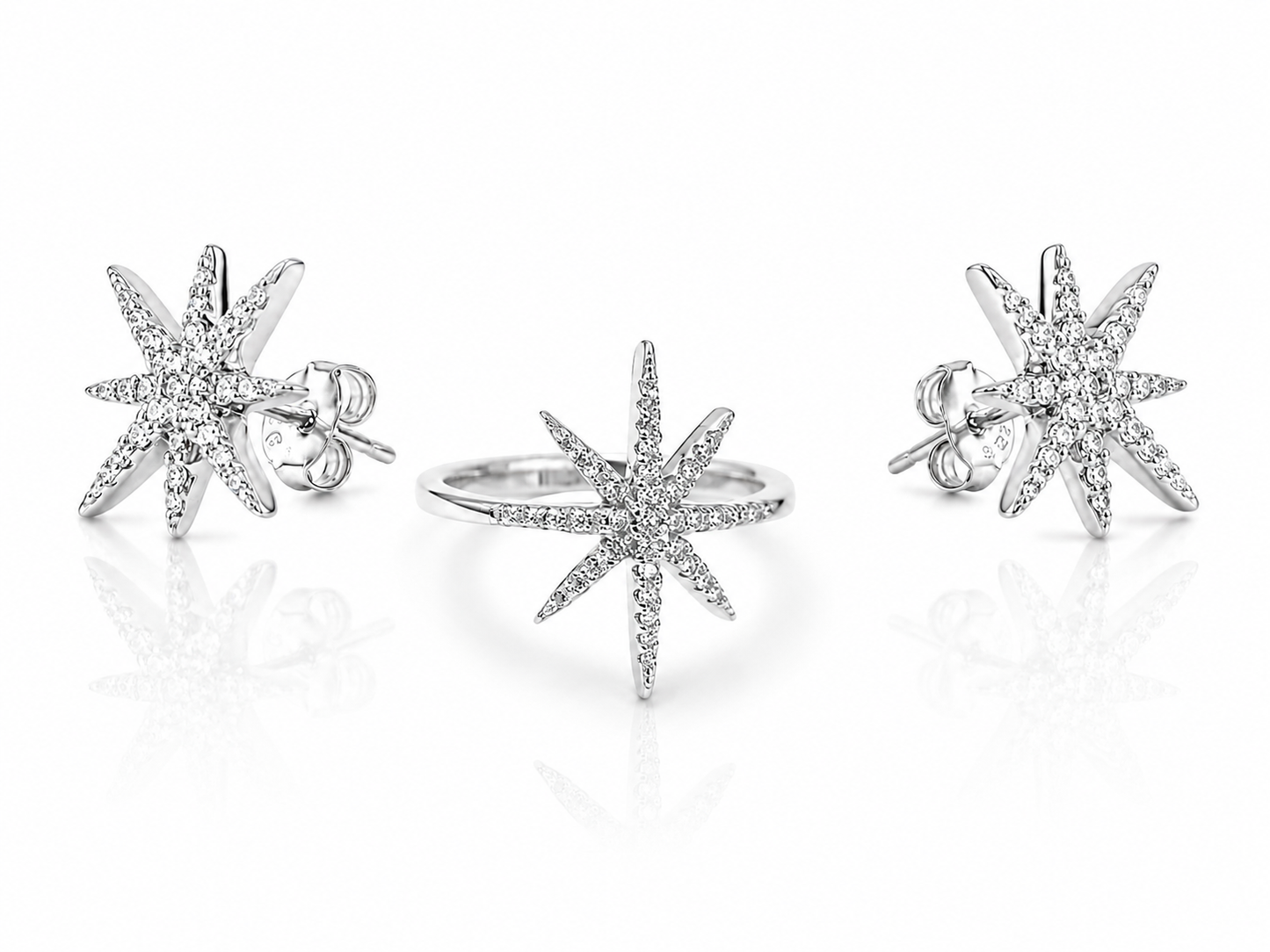 Set Stars Silver 925 with Zirconia stones (Stud Earrings & Ring)