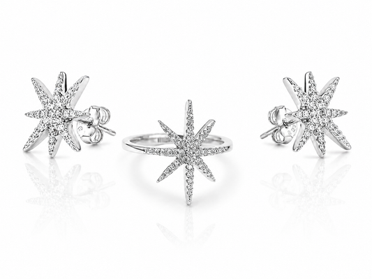 Set Stars Silver 925 with Zirconia stones (Stud Earrings & Ring)