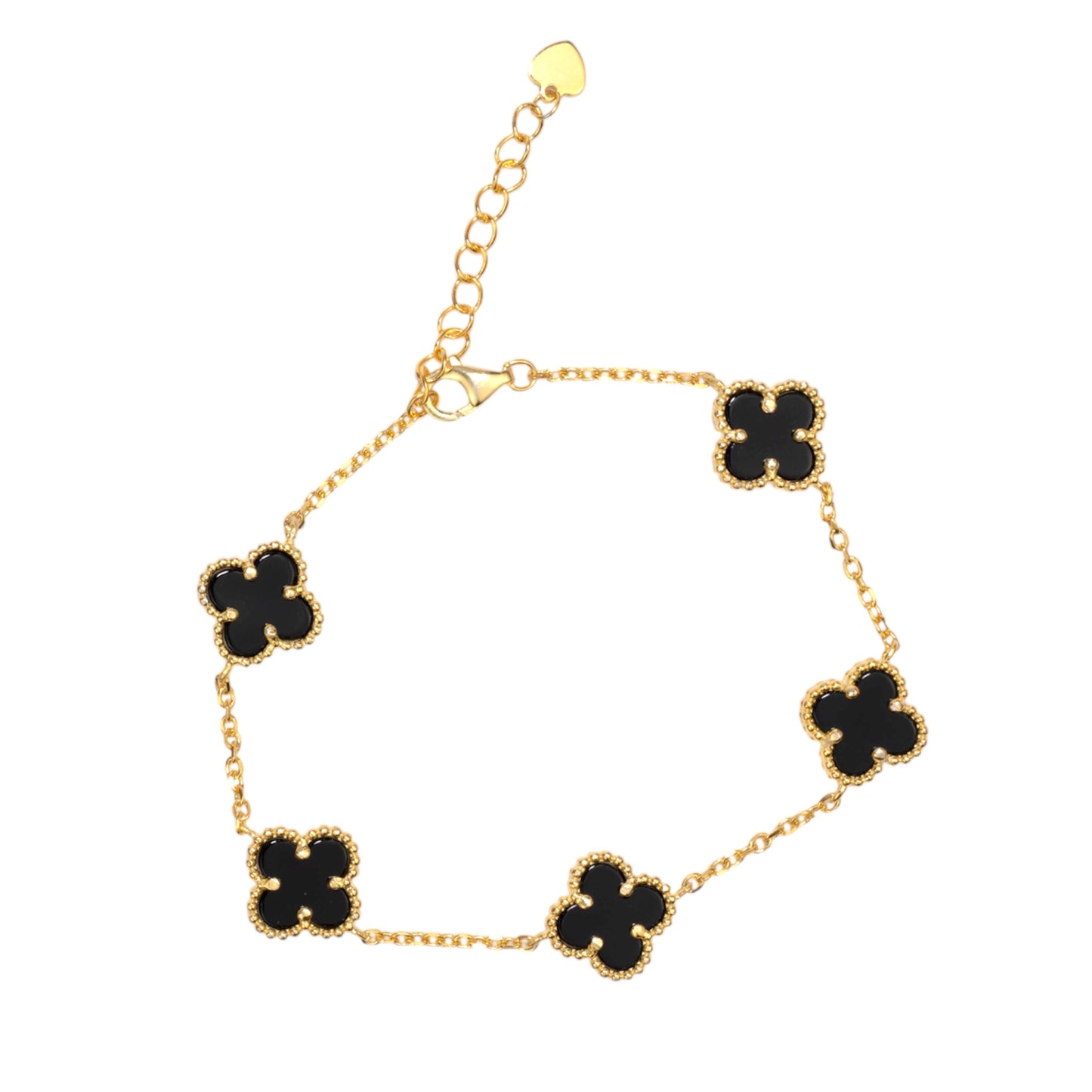 Silver Bracelet Onyx Clovers Yellow Gold Plated