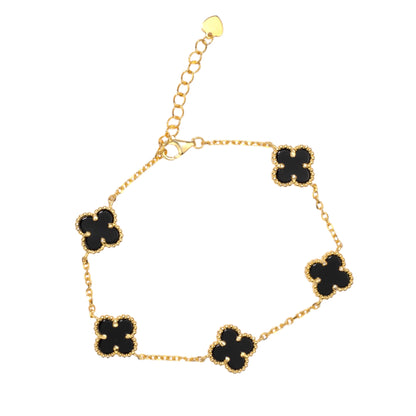 Silver Bracelet Onyx Clovers Yellow Gold Plated