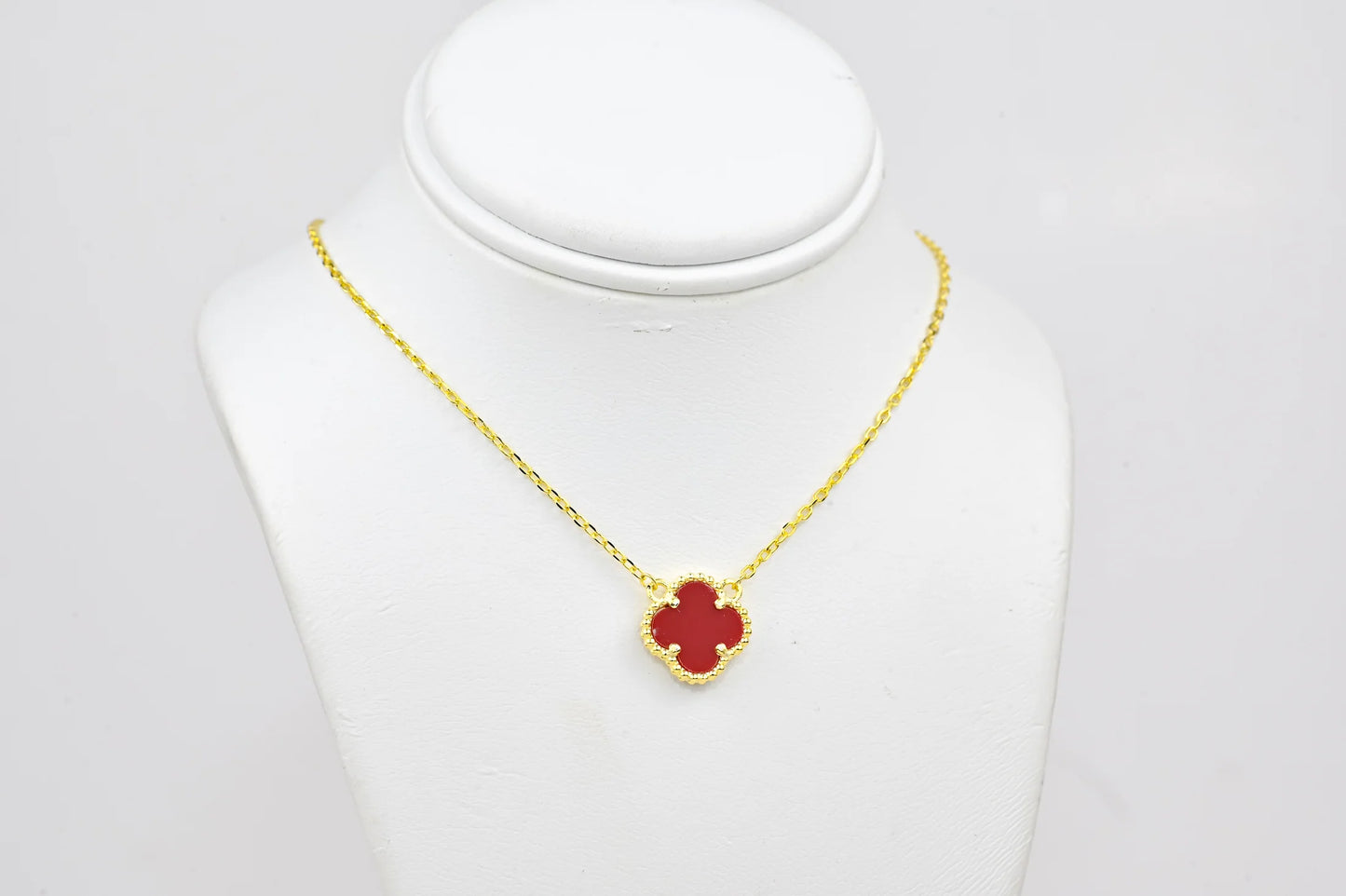 Silver Necklace Red Clover Yellow Gold Plated