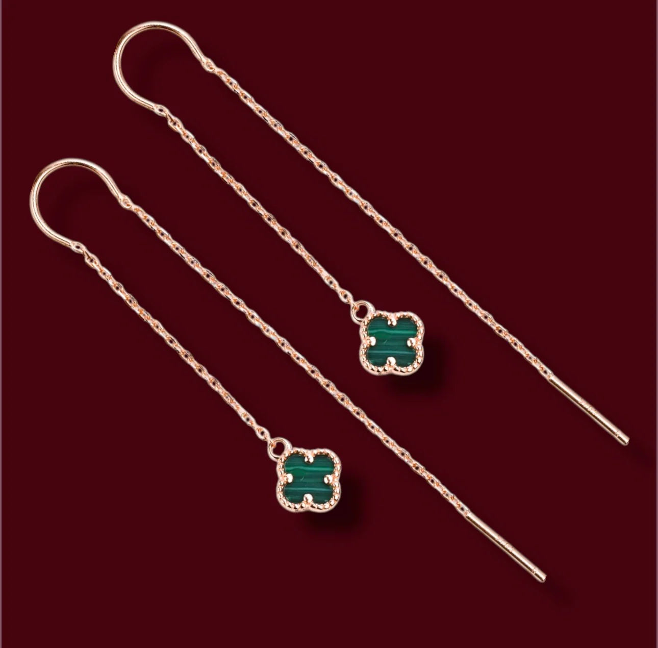 Silver Thread Earings Malachite Clover Rose Gold Plated