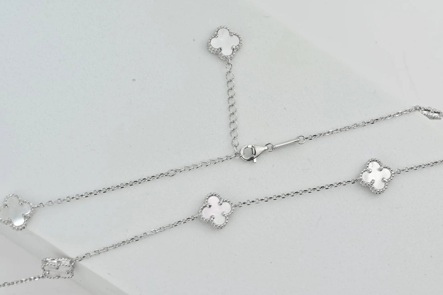 Long Silver Necklace Mother of Pearl Clovers