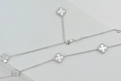 Long Silver Necklace Mother of Pearl Clovers