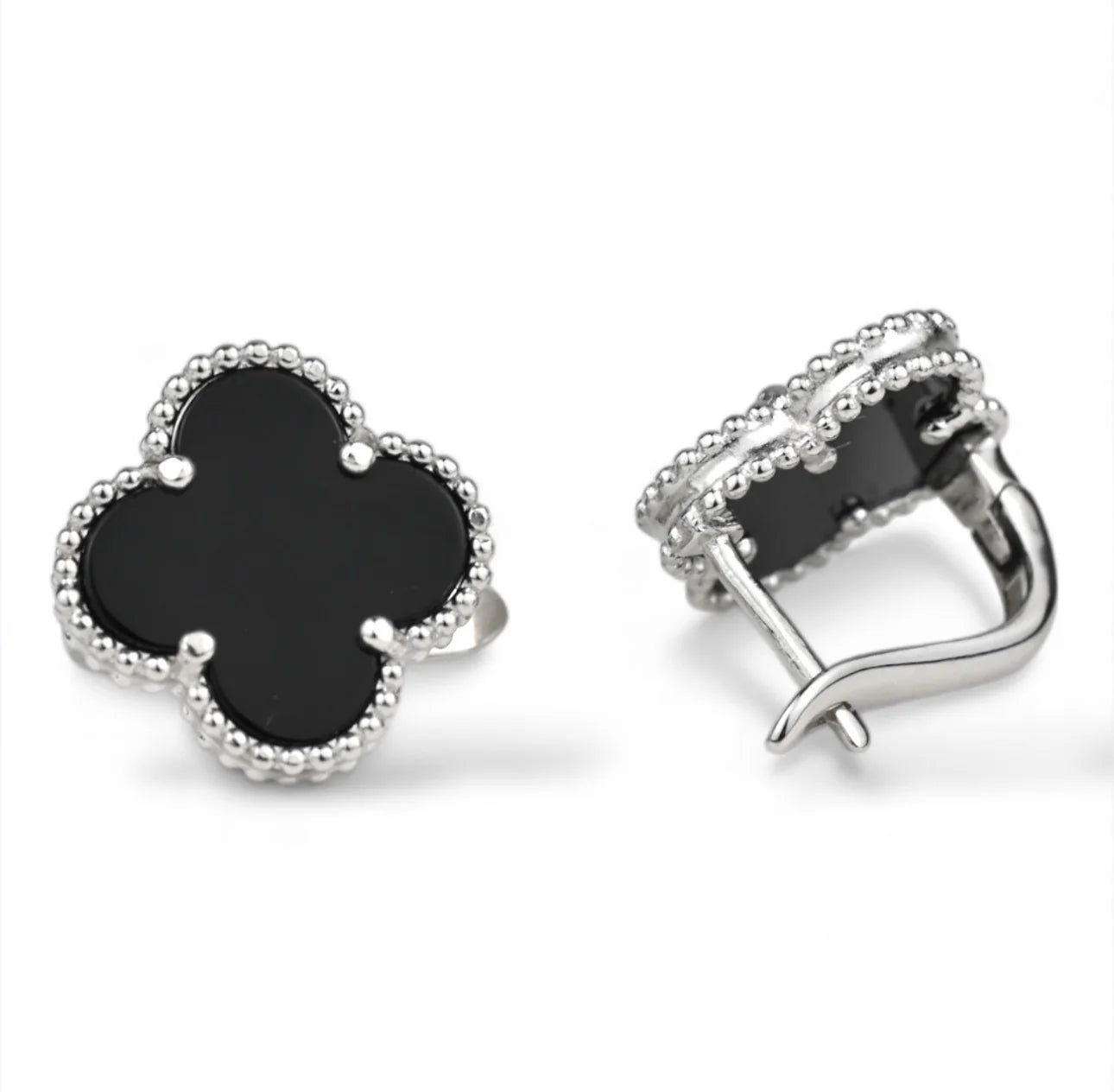 Clover Onyx Silver Earrings
