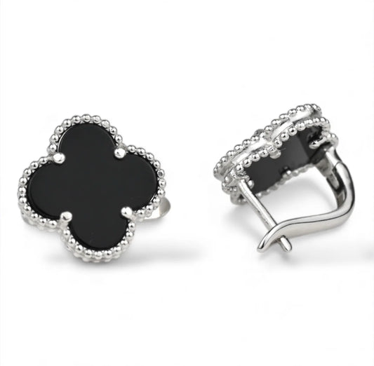 Clover Onyx Silver Earrings