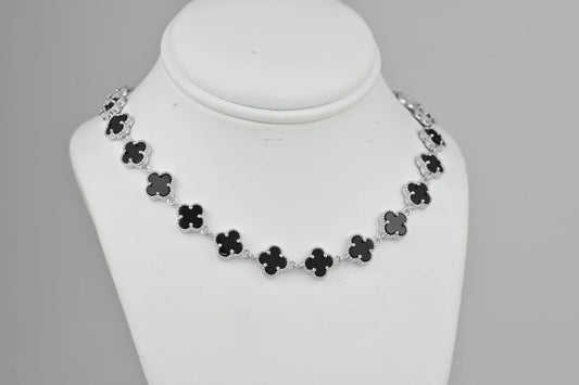 Silver Necklace Clover Onyx