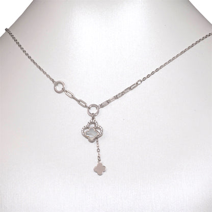 Silver Necklace Mother of Pearl clover with Zirconia stones