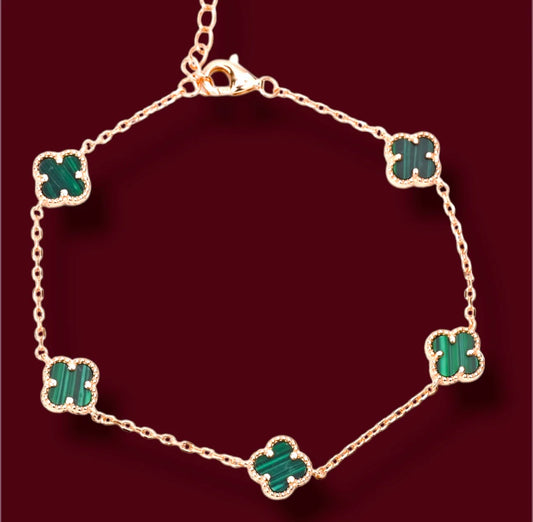 Malachite Silver Bracelet five clover Rose Gold Plated