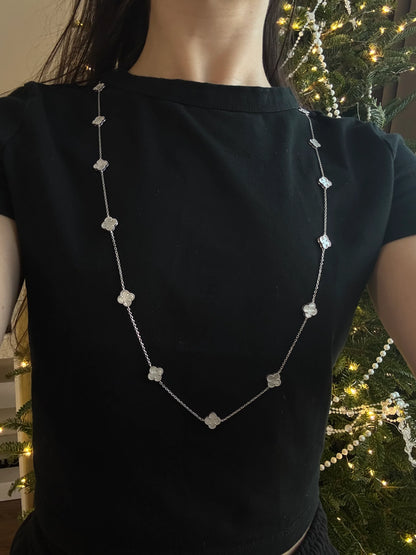 Long Silver Necklace Mother of Pearl Clovers