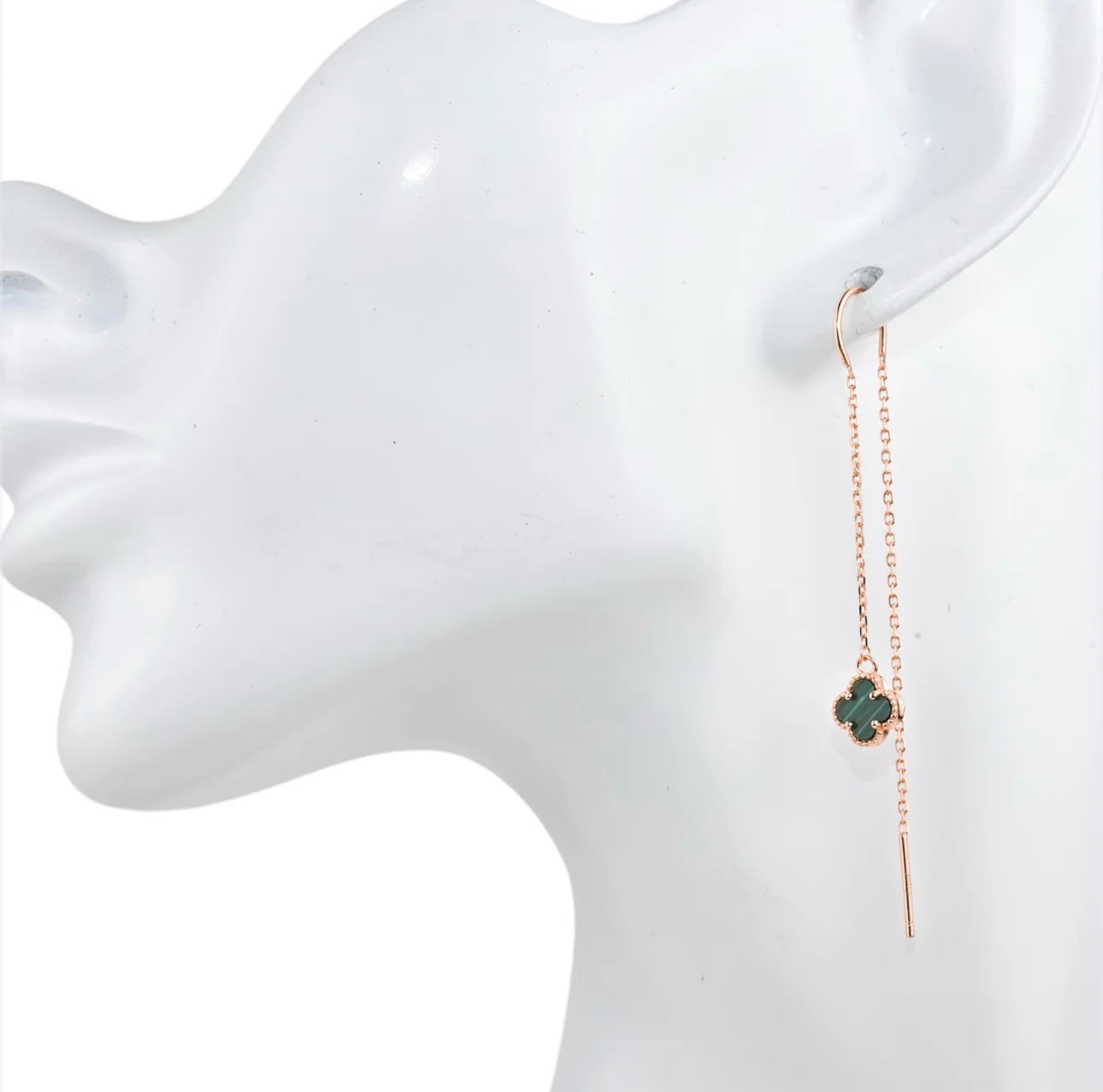 Silver Thread Earings Malachite Clover Rose Gold Plated