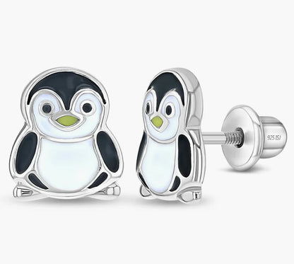 Silver Stud Kids Earrings Screw in lock Penguin